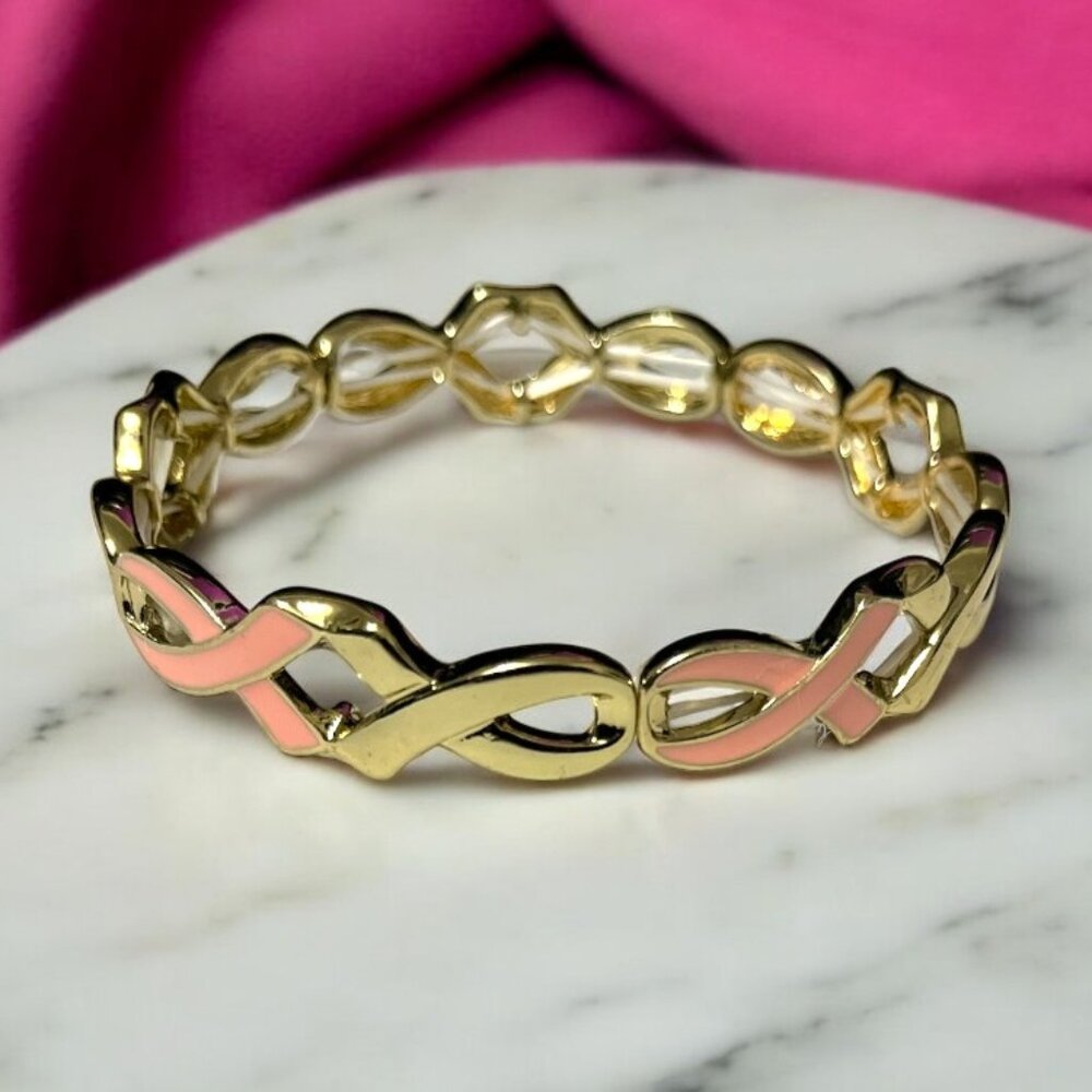 Enameled Pink Ribbon Link Stretchable Bracelet